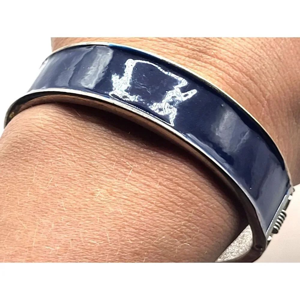 Vintage 90s Dark Blue Enamel Hinged Bangle Braclet 2.3in dia